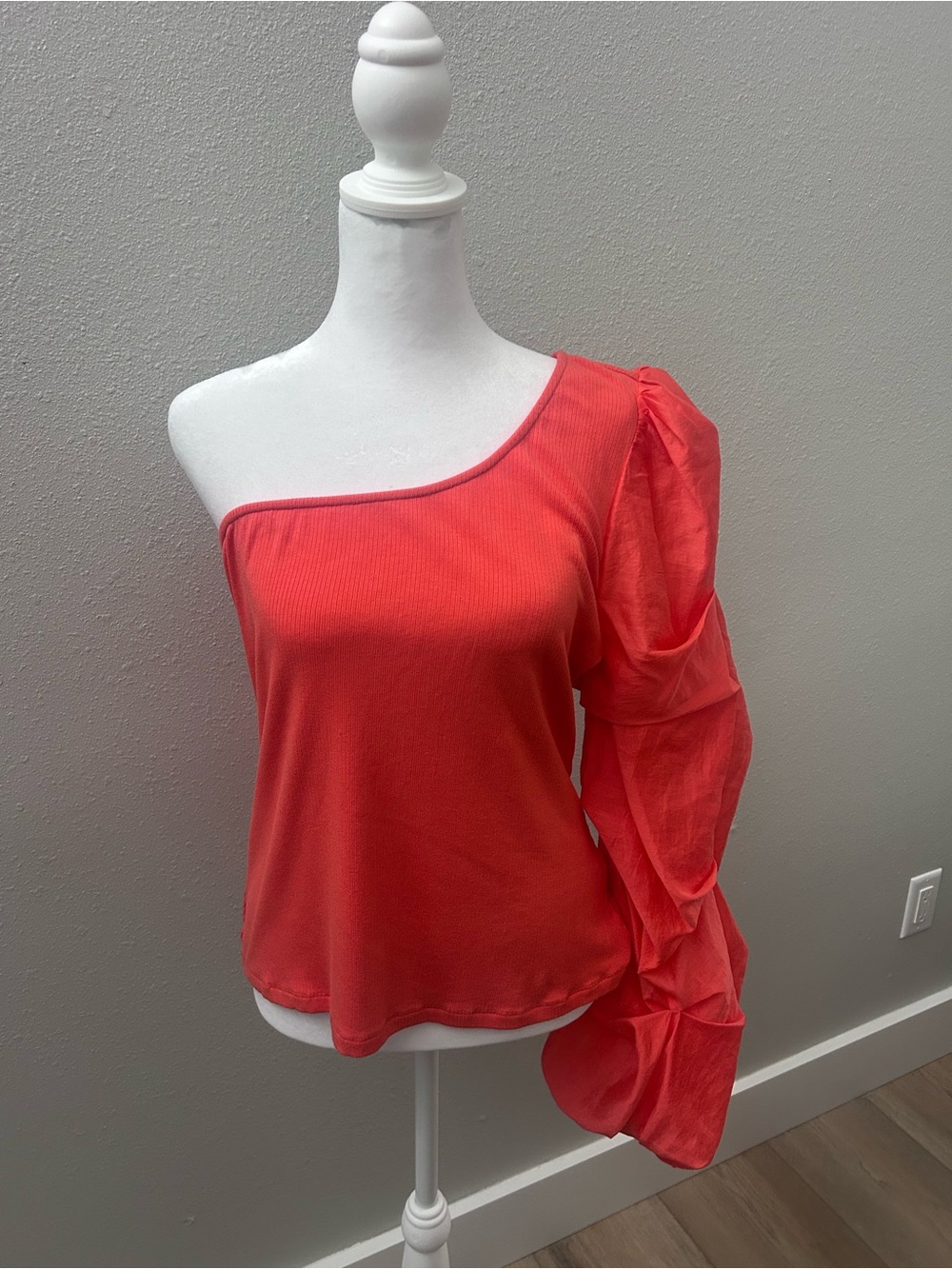 One-Shoulder Coral Ruffle Sleeve Blouse